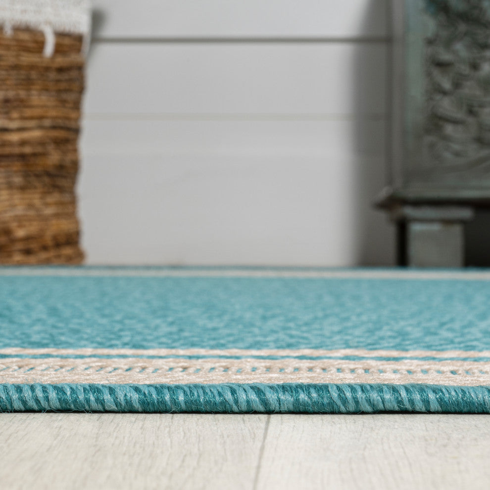 James Modern Border Stripe Indoor/Outdoor Area Rug, Aqua/Beige, 8x10