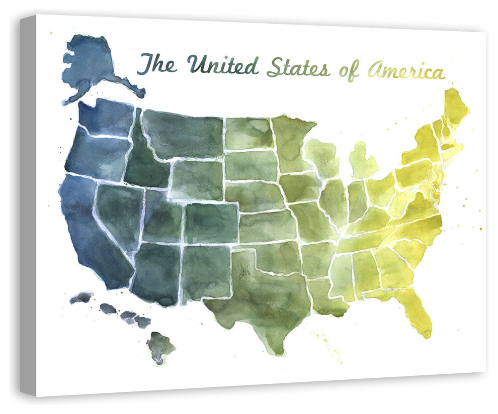 United States Blue and Green Watercolor Map 30x40 Canvas Wall Art