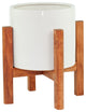 Large Ceramic Cylinder Pot 10'' White With Wood Plant Stand Walnut Color