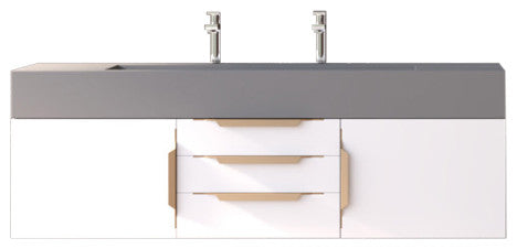 CastelloUSA Nile 60" Wall Mounted Vanity Set, White, Gray Top, Gold Handles