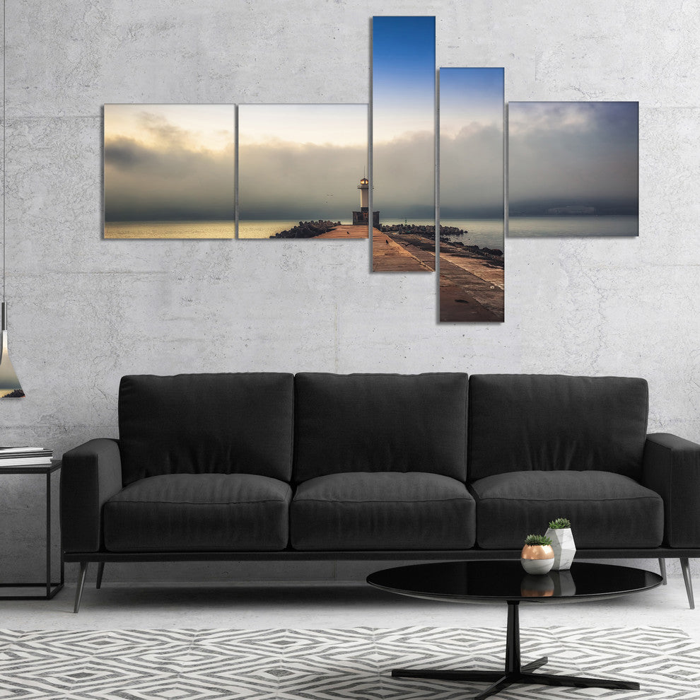 Lighthouse on Coast and Cloudy Sky, Modern Canvas Art Print, 60"x32", 5 panels