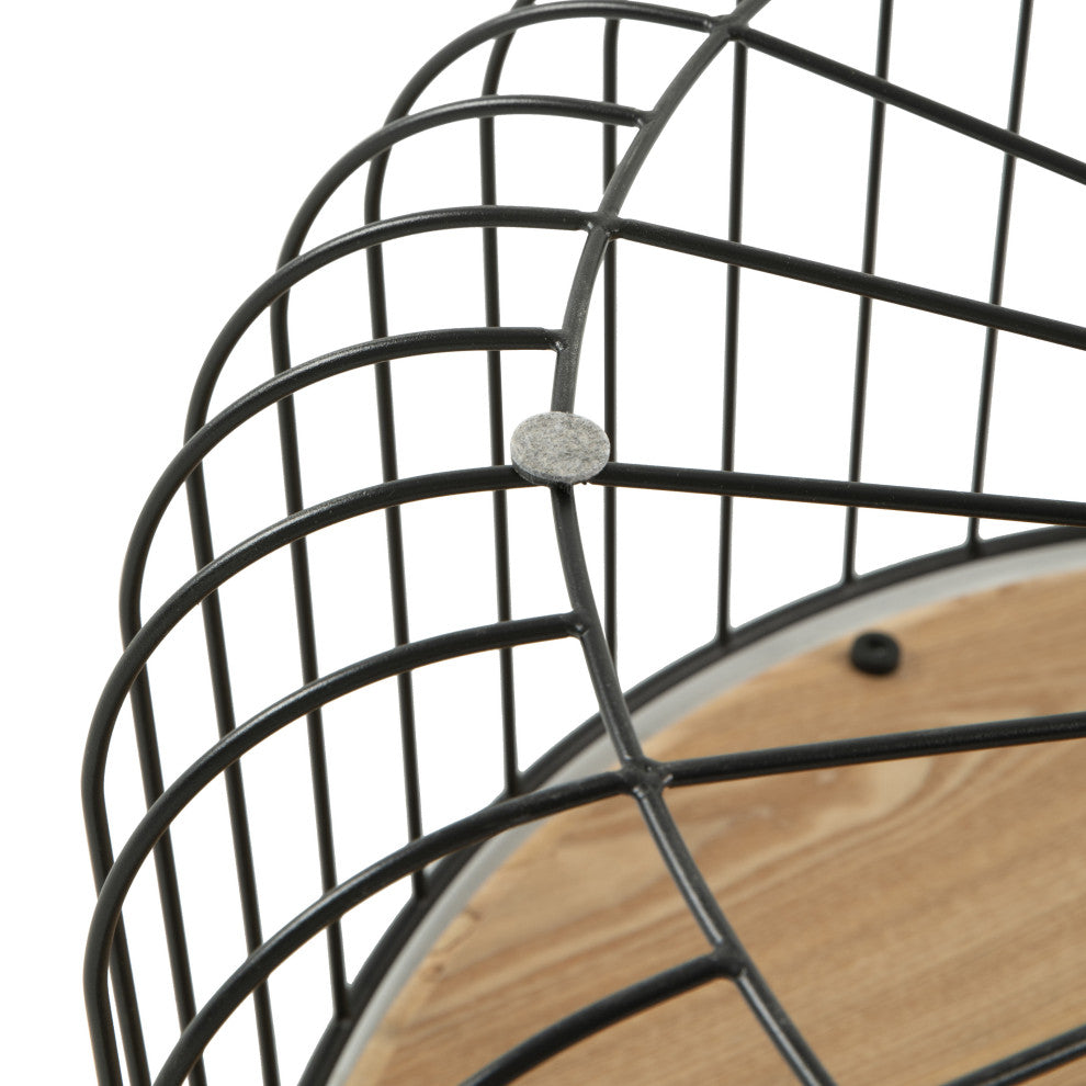 LeisureMod Runswick Round Coffee Table With Black Wire Steel Frame, Natural Wood