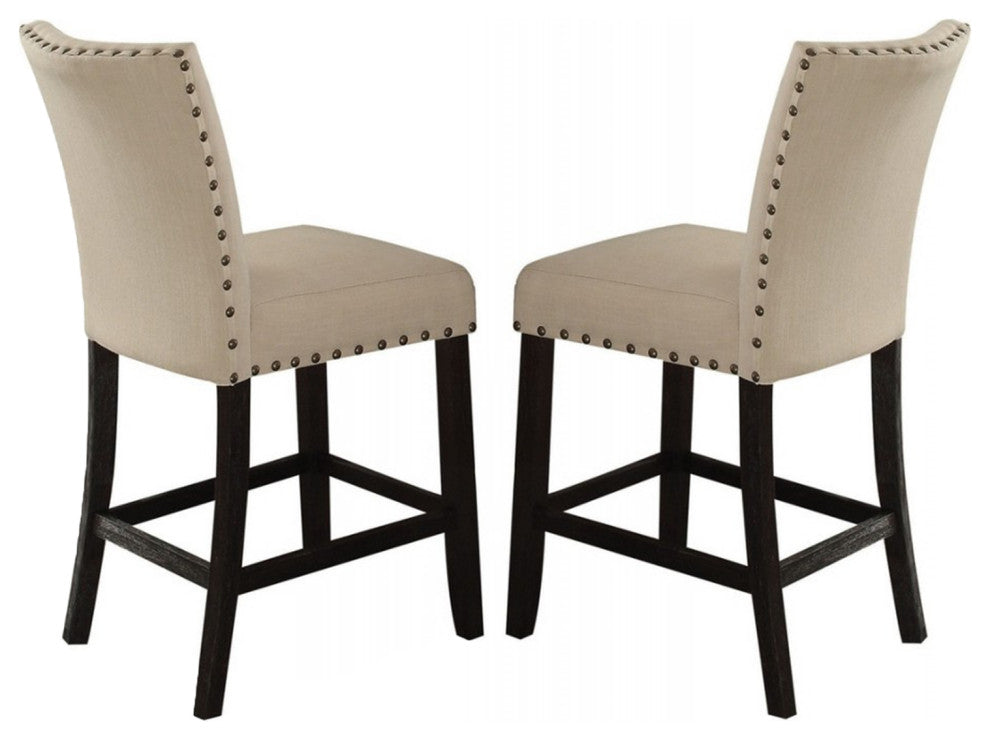 Set of 2 Beige Linen Counter Height Chair, Salvage Dark Oak Finish