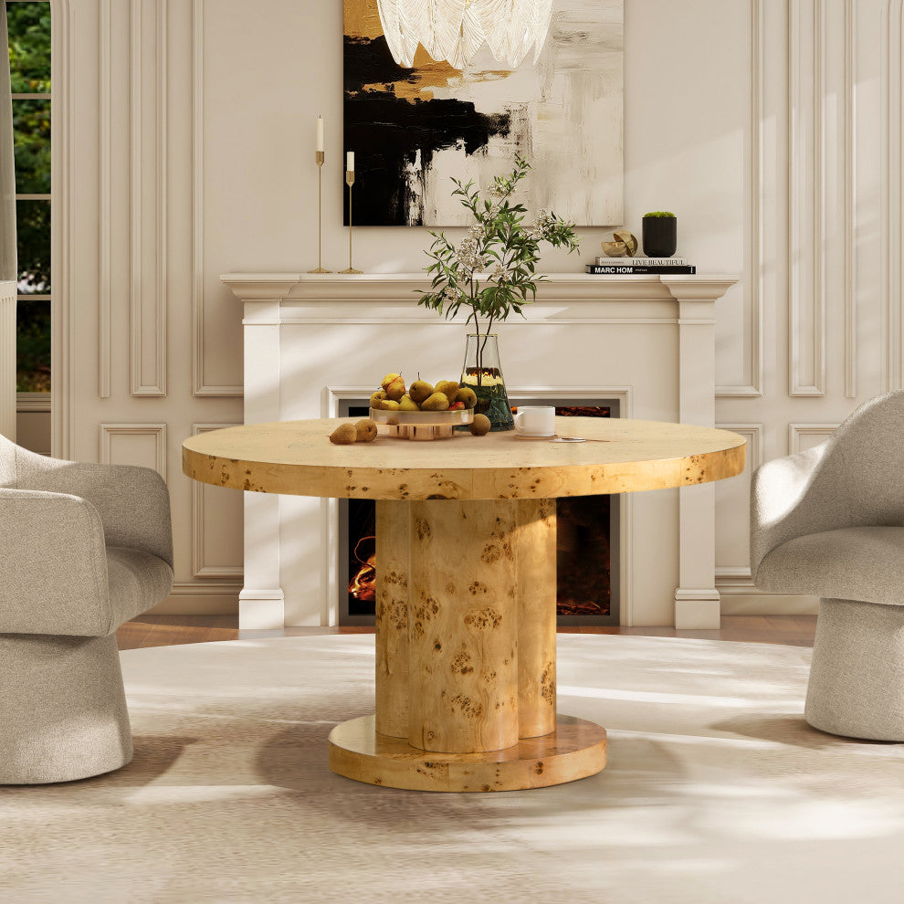 Nebula 51" Japandi Burl Wood Round Dining Table, Warm Natural Brown