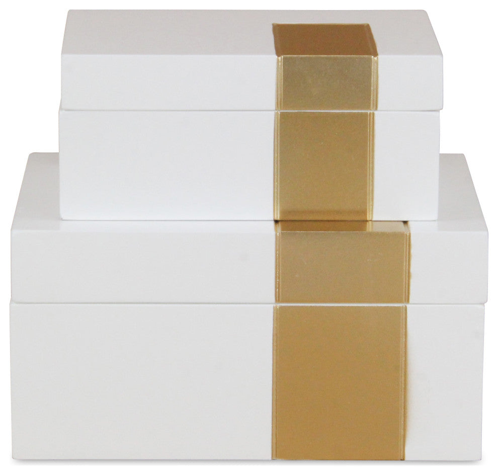 White Wooden Decorative Box With Golden Band Accent, Set of 2