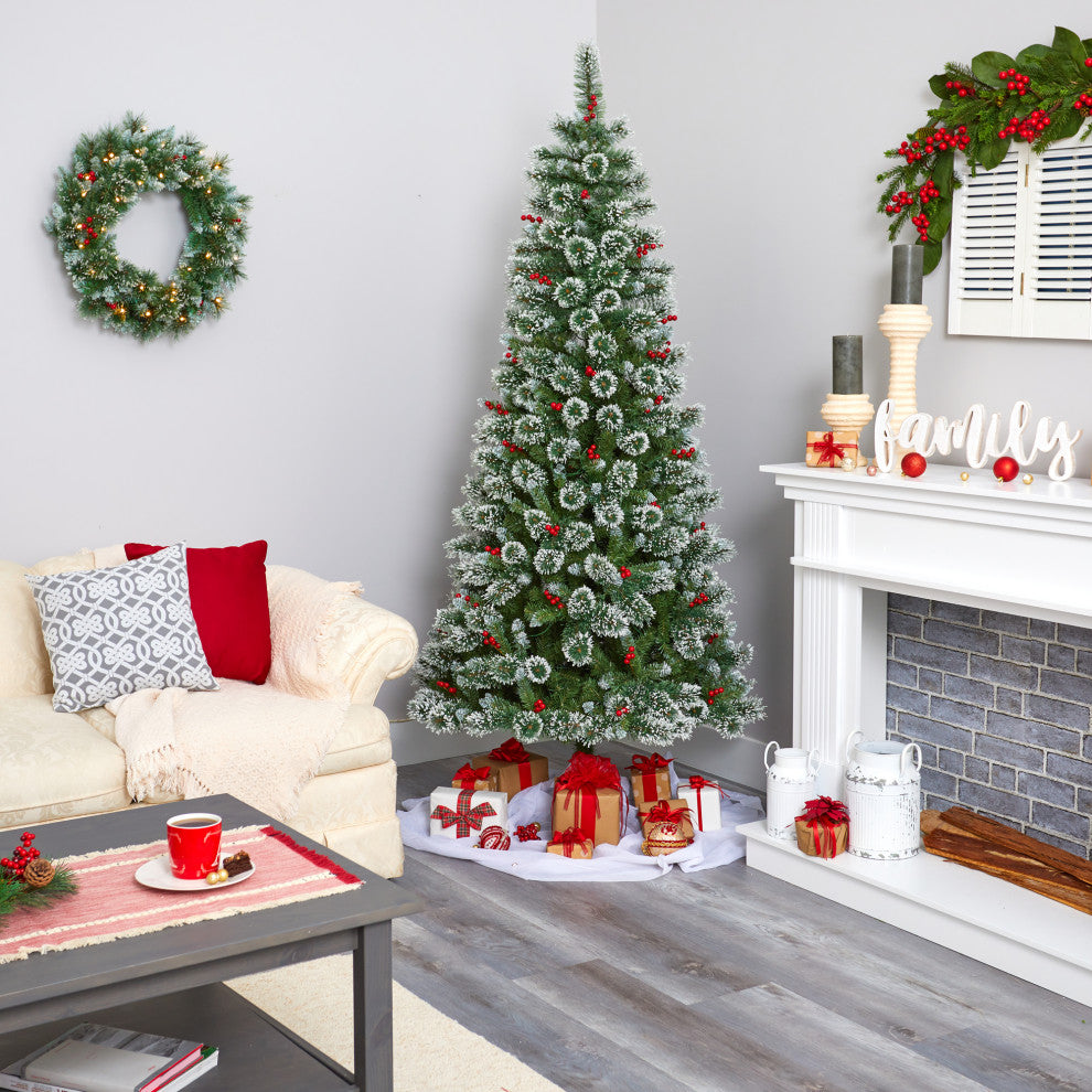 7' Frosted Swiss Pine Faux Christmas Tree With 400 Clear LED Lights and Berries