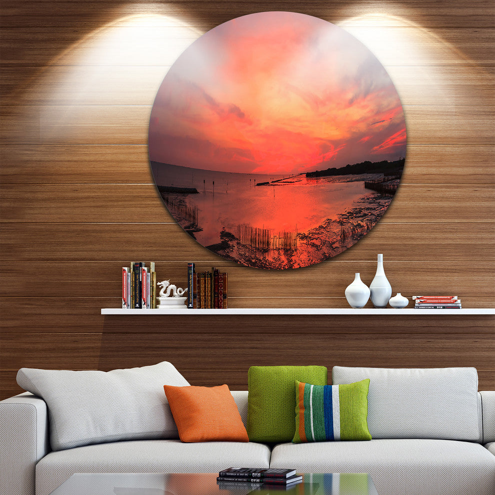 Outstanding Panorama Of Sunset In Sea, Seascape Disc Metal Artwork, 36"