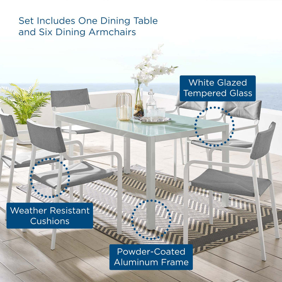 Side Dining Chair and Table Set, Aluminum, Metal, White Gray, Outdoor