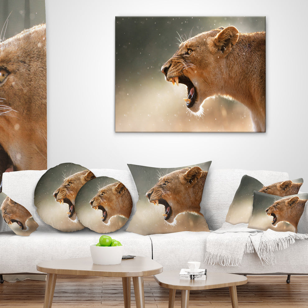 Lion Showing Dangerous Teeth African Throw Pillow, 16"x16"