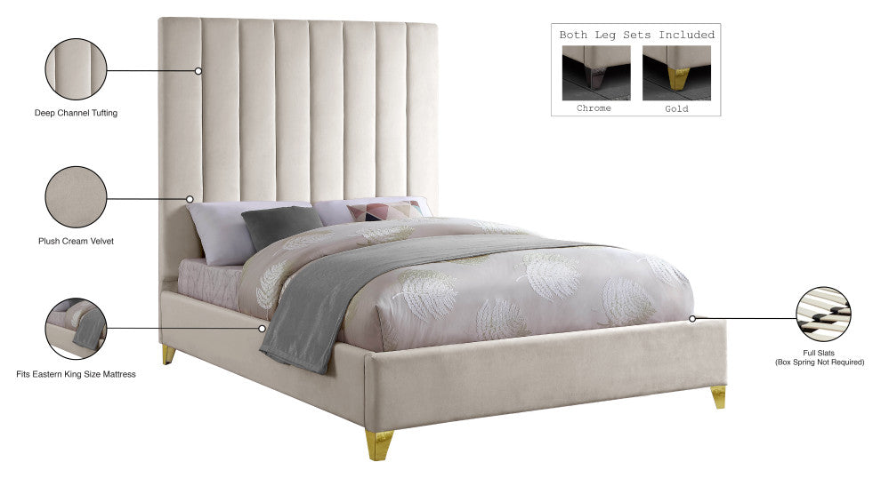 Via Velvet Upholstered Bed, Cream, King