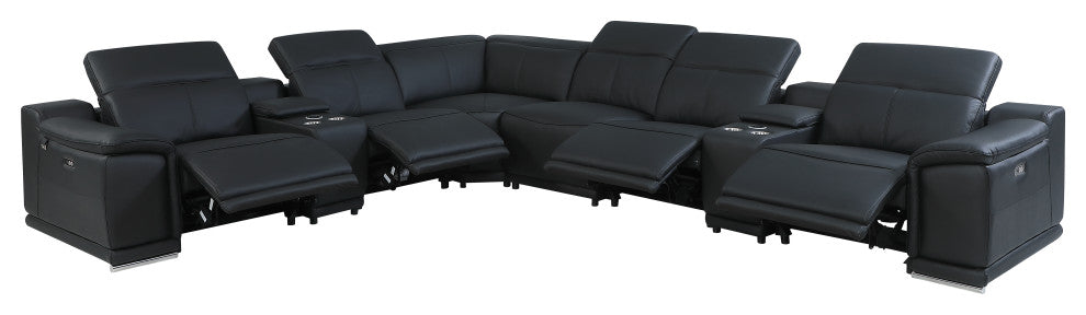 Federico 8-Piece L-Shaped Top Grain Italian Leather Sectional-4 Power Recliners, Black