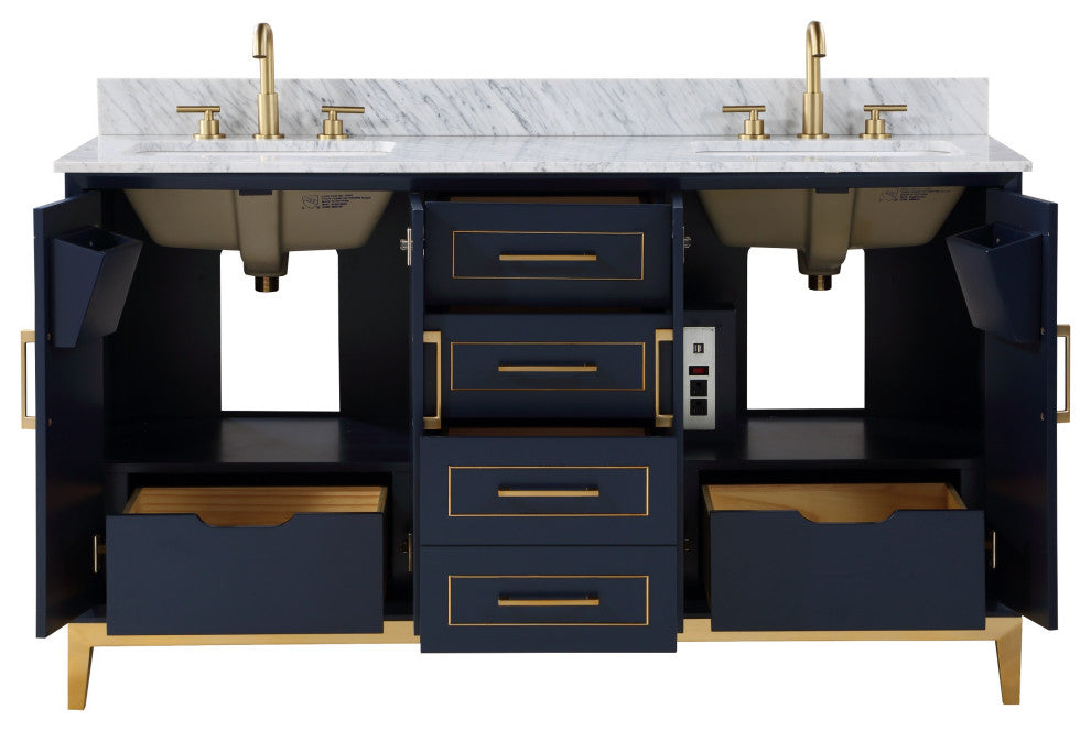 Gracie Bathroom Vanity, Pacific Blue With Carrara Marble, 60"