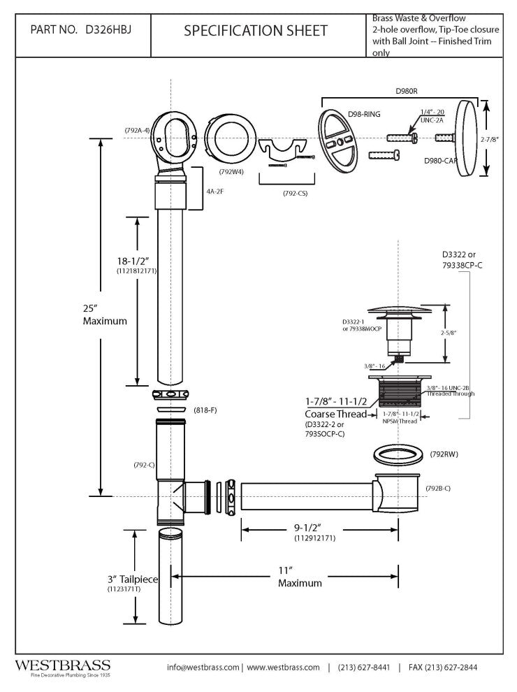 Illusionary Ball Joint Overflow with ADA approved Tip-Toe Drain, Polished Nickel