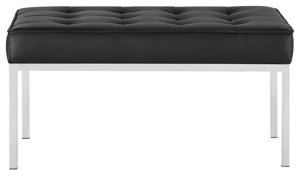 Lounge Accent Chair Bench, Faux Vinyl Leather Metal Steel, Black Silver