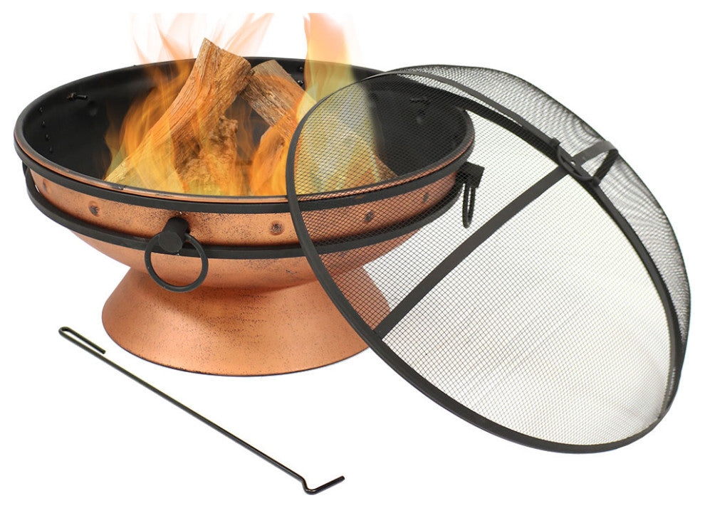 Sunnydaze Royal Cauldron Copper Fire Pit With Handles and Spark Screen, 30"