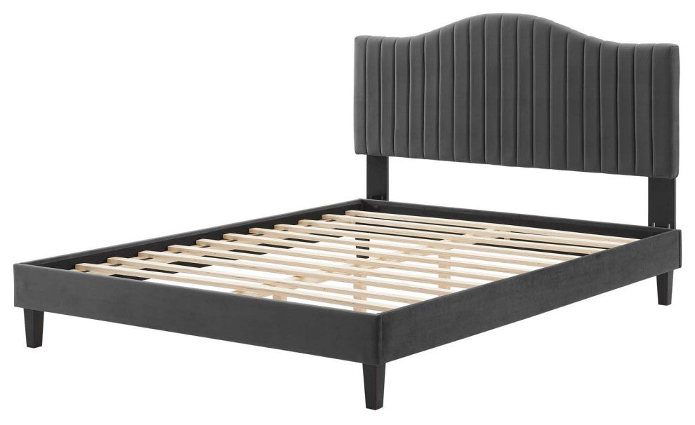 Tufted Platform Bed Frame, King Size, Velvet, Gray, Modern Contemporary