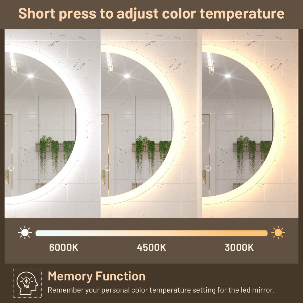 Round LED Bathroom Mirror With Front Lights, Anti-Fog/Dimmable, 36" Diameter