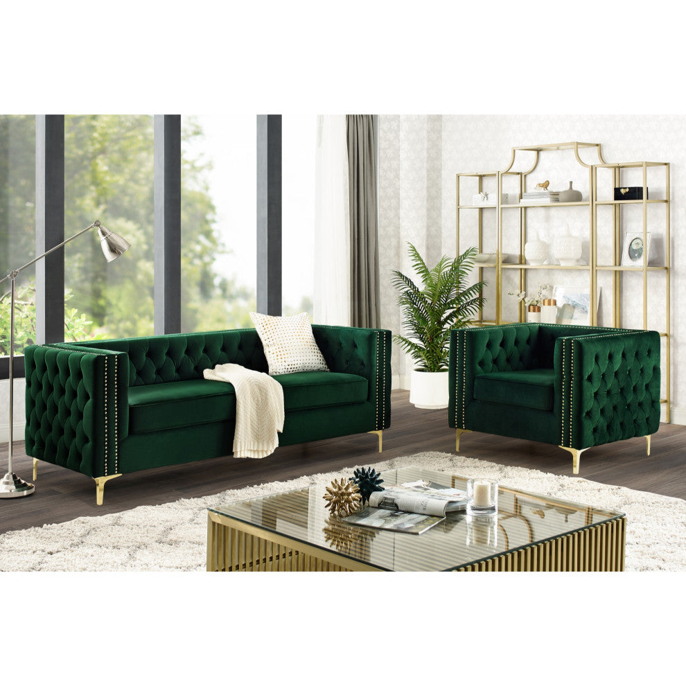 Jeannie Velvet 3-Seat Sofa Button Tufted With Metal Legs, Hunter Green