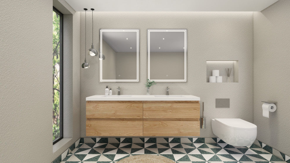 Belli 72" Double Sink Wall Mount Vanity Set, New England Oak, Glossy White Top