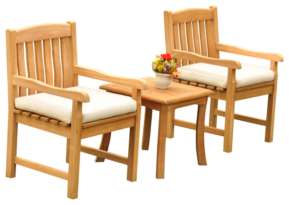 3-Piece Teak Set, 18" Side Table, 2 Devon Chairs, Sunbrella Cushion, Tangerine