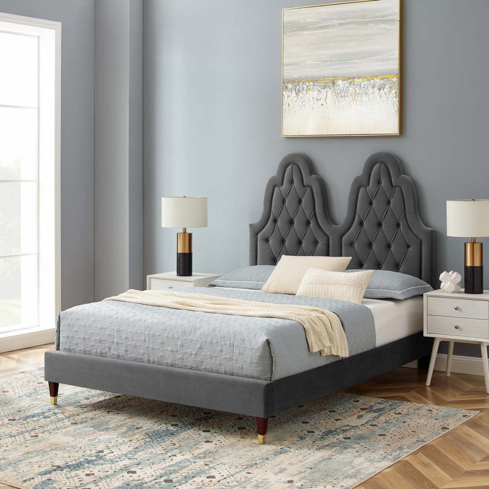 Tufted Platform Bed Frame, King Size, Velvet, Gray, Modern Contemporary