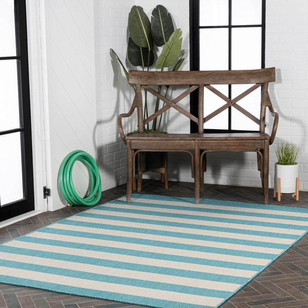 Negril Two-Tone Wide Stripe Indoor/Outdoor Area Rug, Aqua/Cream, 8x10