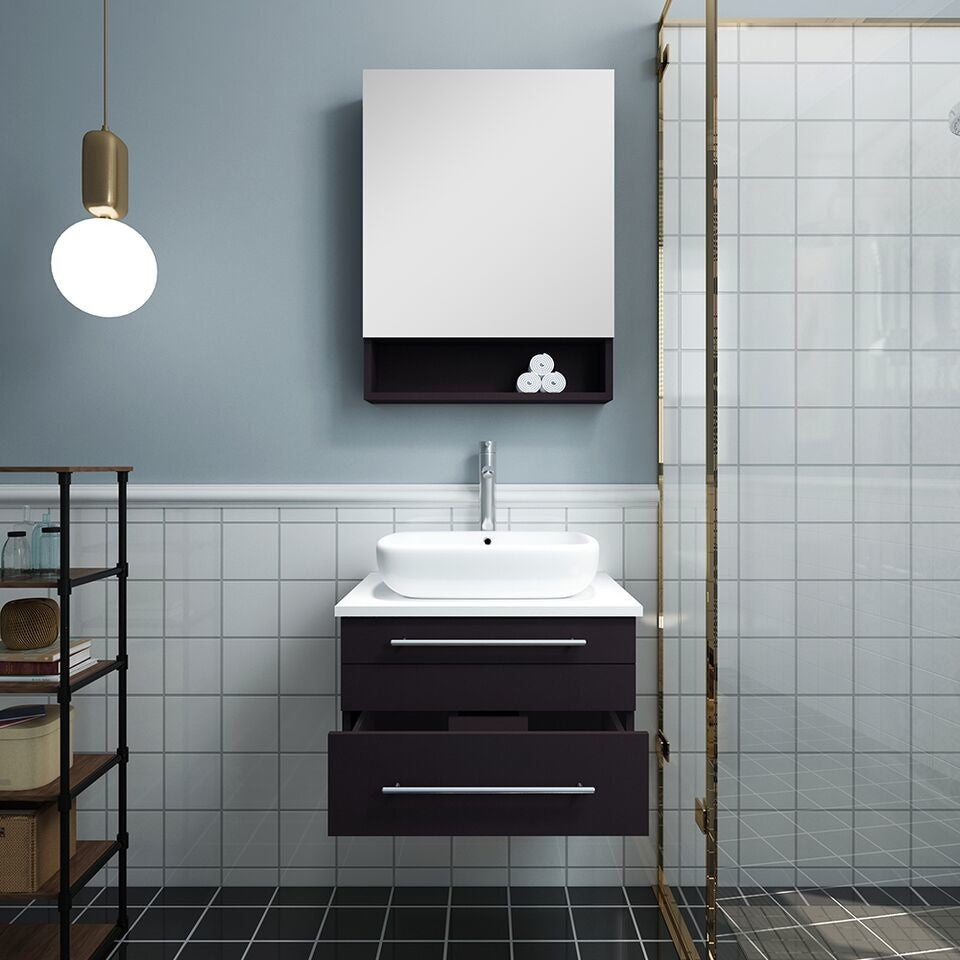 Fresca Lucera 24" Wall Hung Bathroom Vanity, Espresso, Vessel Sink, Faucet, Fft9