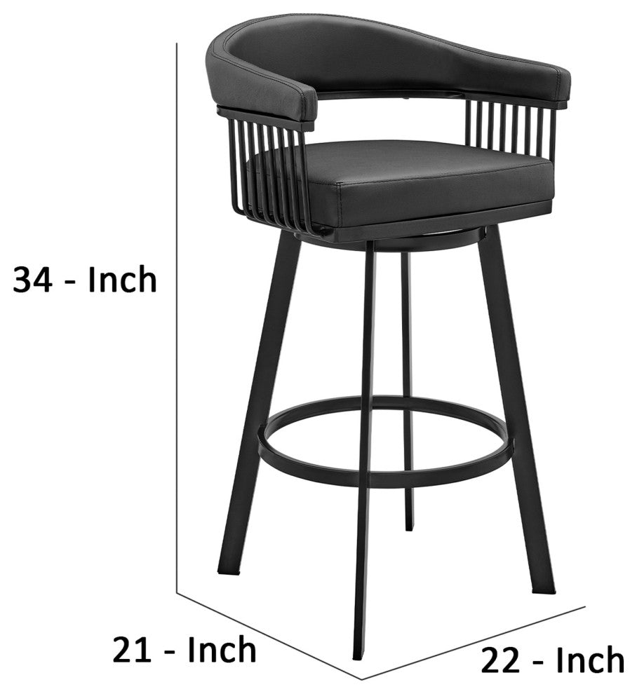 Benzara BM270138 Swivel Barstool With Open Metal Frame and Slatted Arms, Black