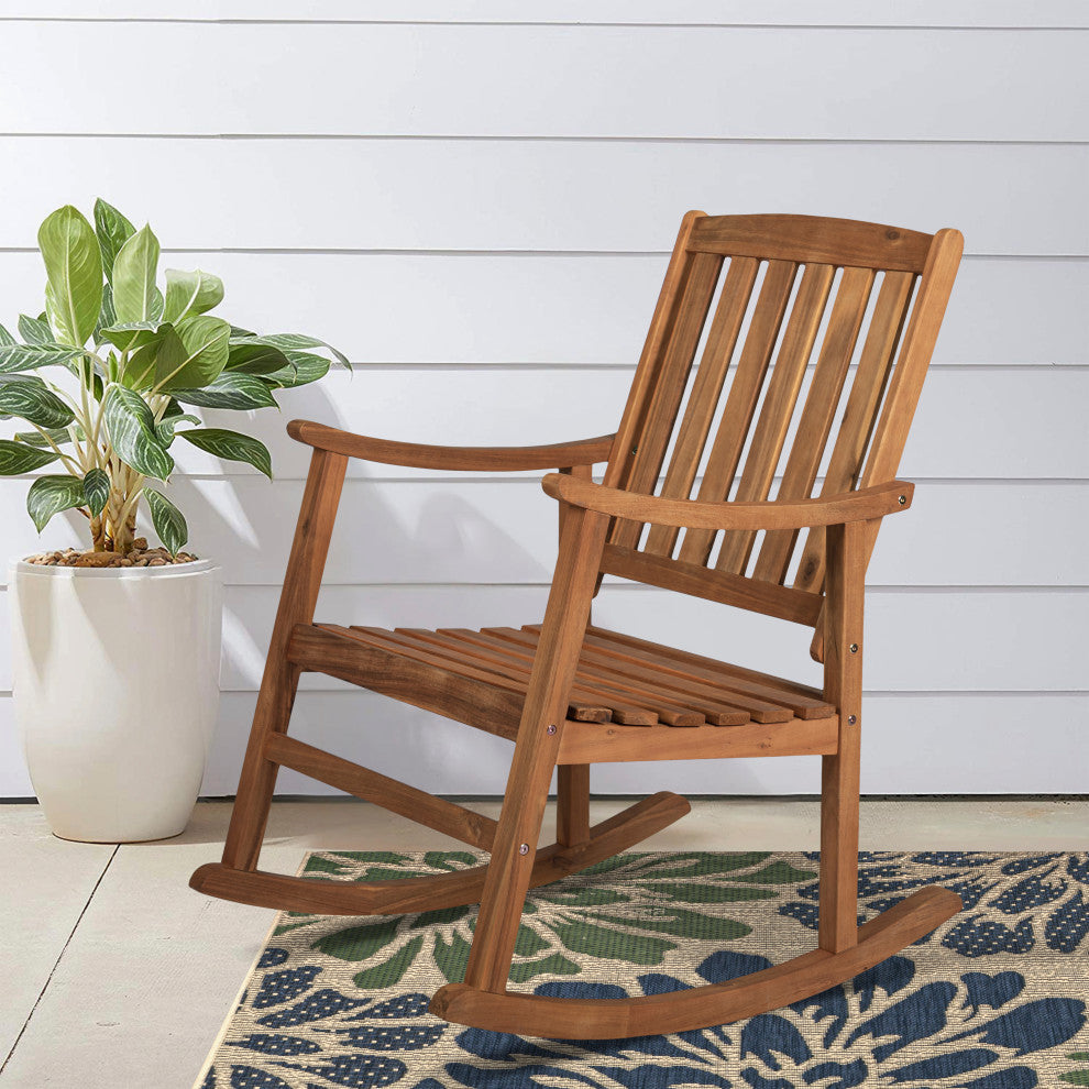 Penny Classic Slat-Back Acacia Wood Patio Outdoor Rocking Chair, Teak, Single