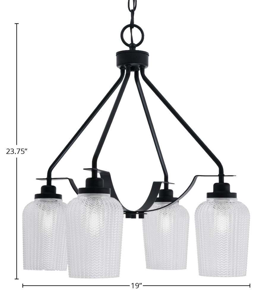 Odyssey 4 Light, Chandelier In Matte Black Finish With 5" Clear Textured Glass