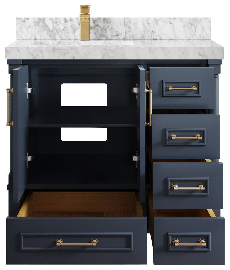 Aberdeen 36 Left Offset Bath Vanity in Hale Navy Blue  2" Carrara Marble