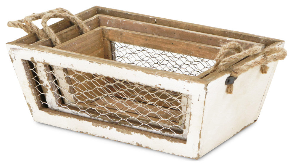 Chicken Wire Wooden Crates, Set of 3