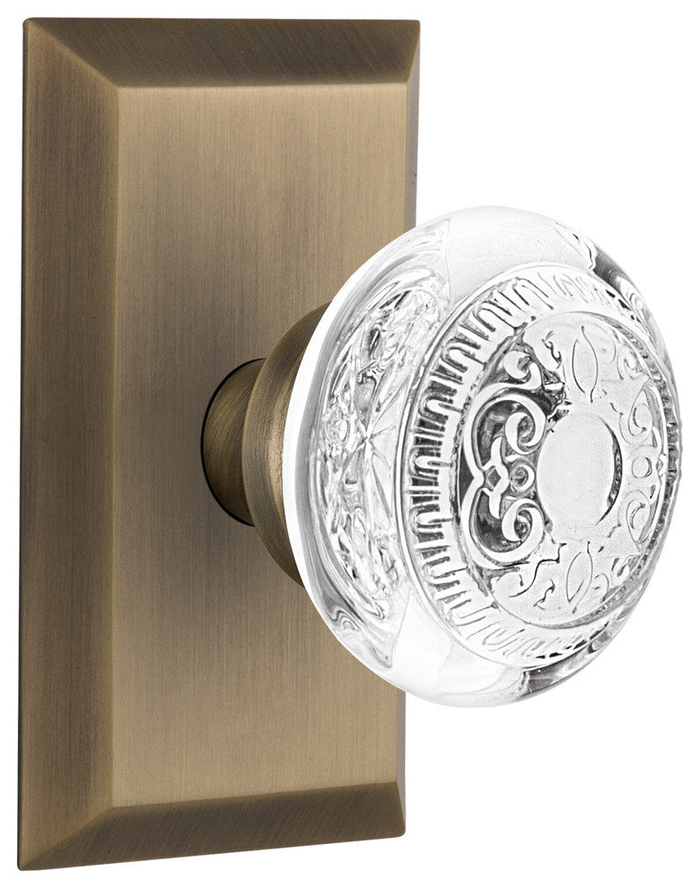 Studio Plate Passage Crystal Egg and Dart Knob, Antique Brass, 2.75"