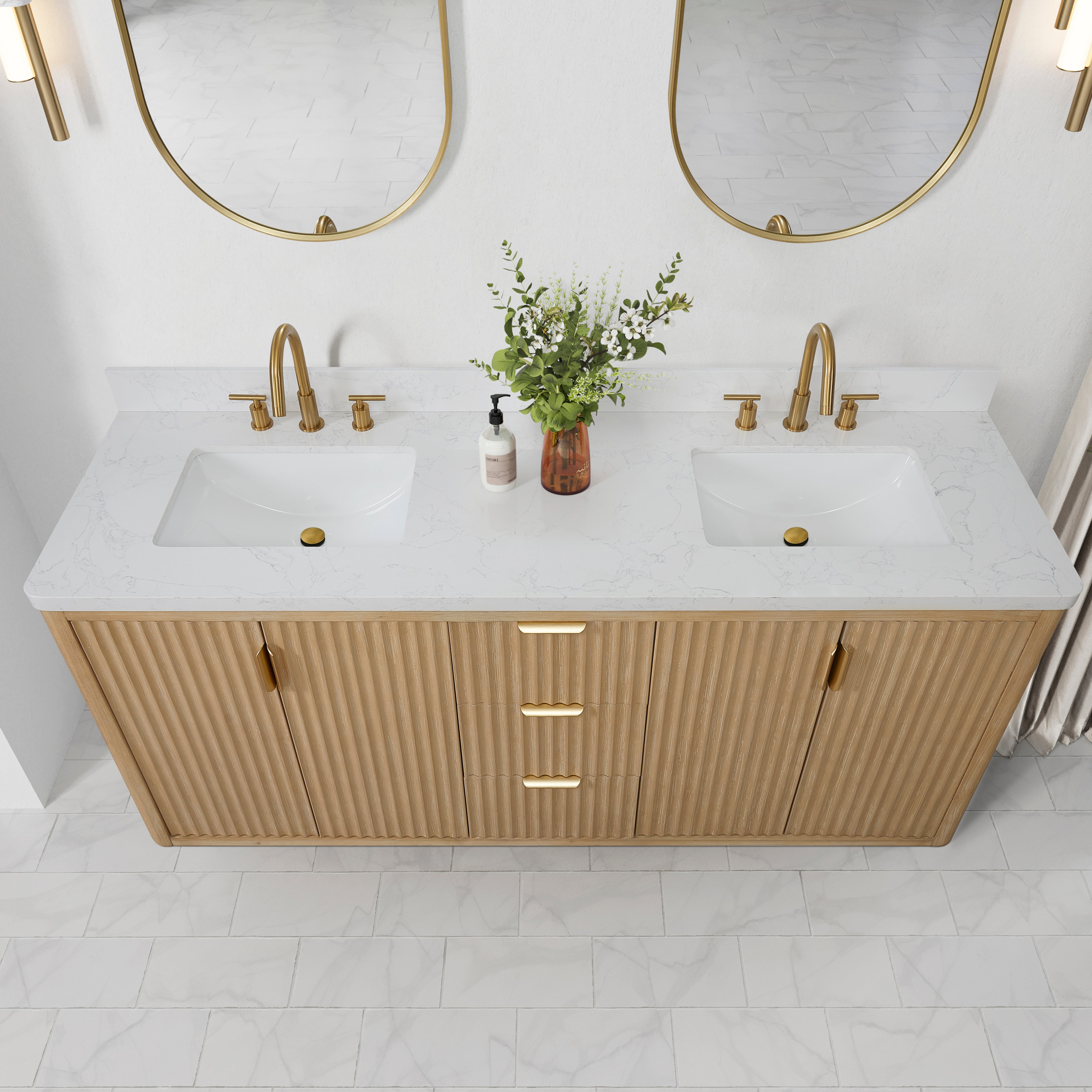 Vinnova Cadiz Bath Vanity, Composite Stone Top, Washed Ash Grey, 72", With Mirror