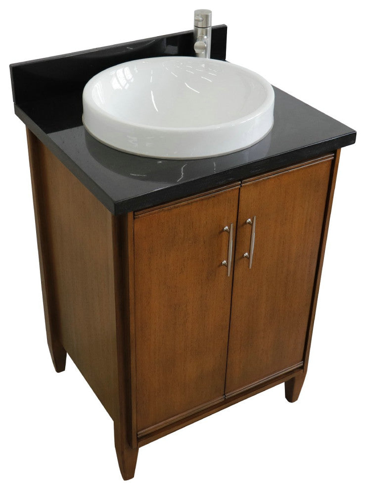 25" Single Sink Vanity, Walnut Finish With Black Galaxy Granite and Round Sink