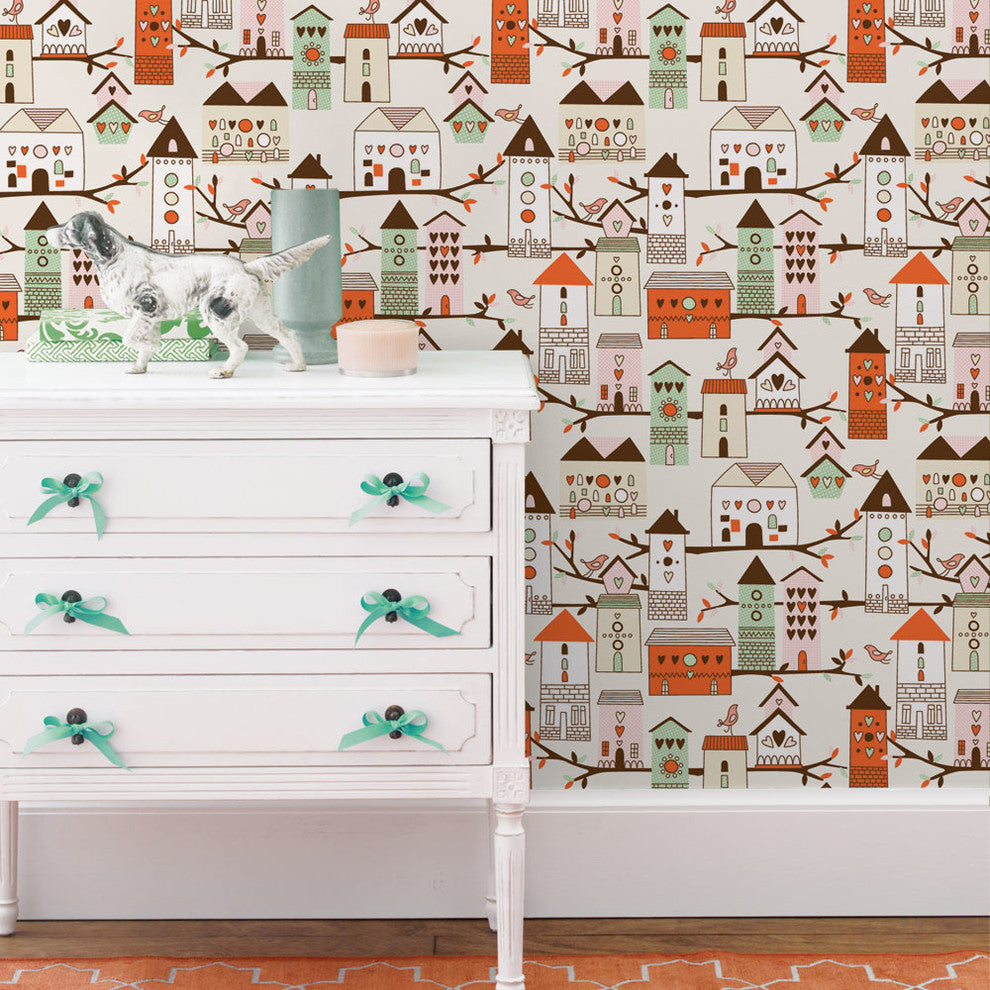 Birdhouse Peel and Stick Vinyl Wallpaper , Orange, 24"w X 60"h