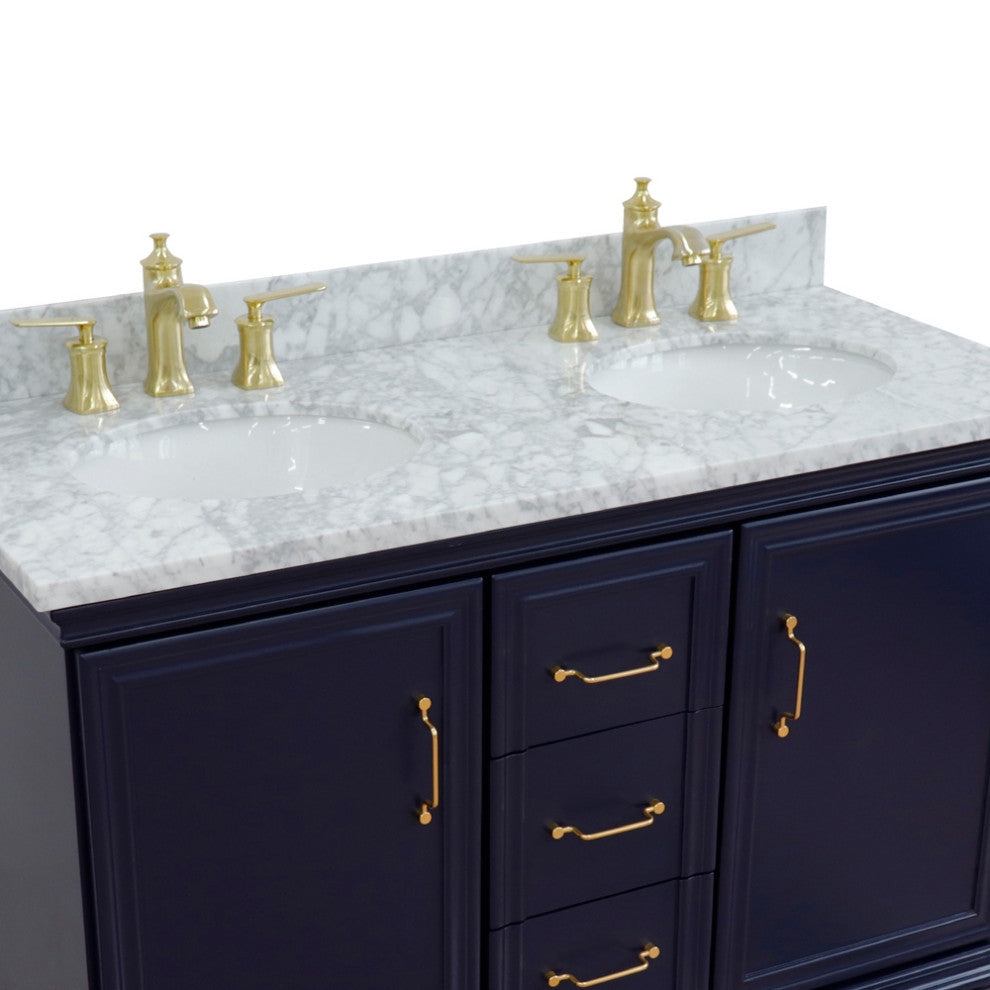 49" Double Vanity, Blue Finish With White Carrara And Oval Sink