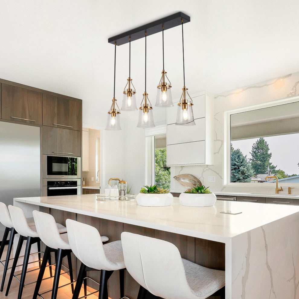 LNC 5-Light Black and Polished Gold Modern Linear Large Kitchen Island Light