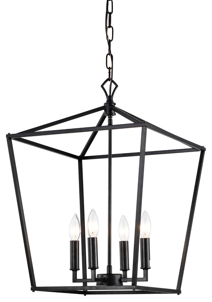 4-Light Matte Black Lantern Pendant Chandelier 16in With Nickle or Black Sleeve