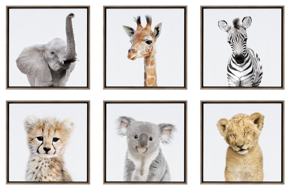 Sylvie Safari Animal Framed Canvas Art by Amy Peterson, Thin Gray 6 Piece 13x13