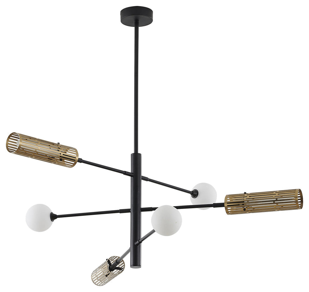 6-Light  Black And Gold Chandelier With White Glass Shades