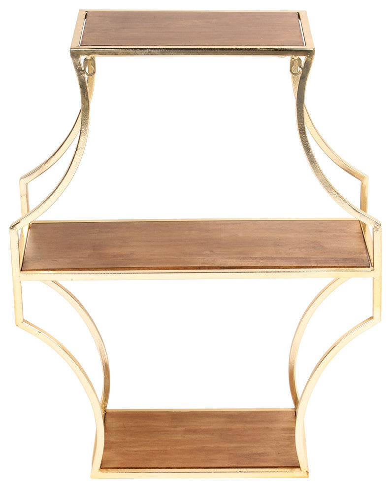 Liara Floating 3 Shelves, Walnut Wood and Gold