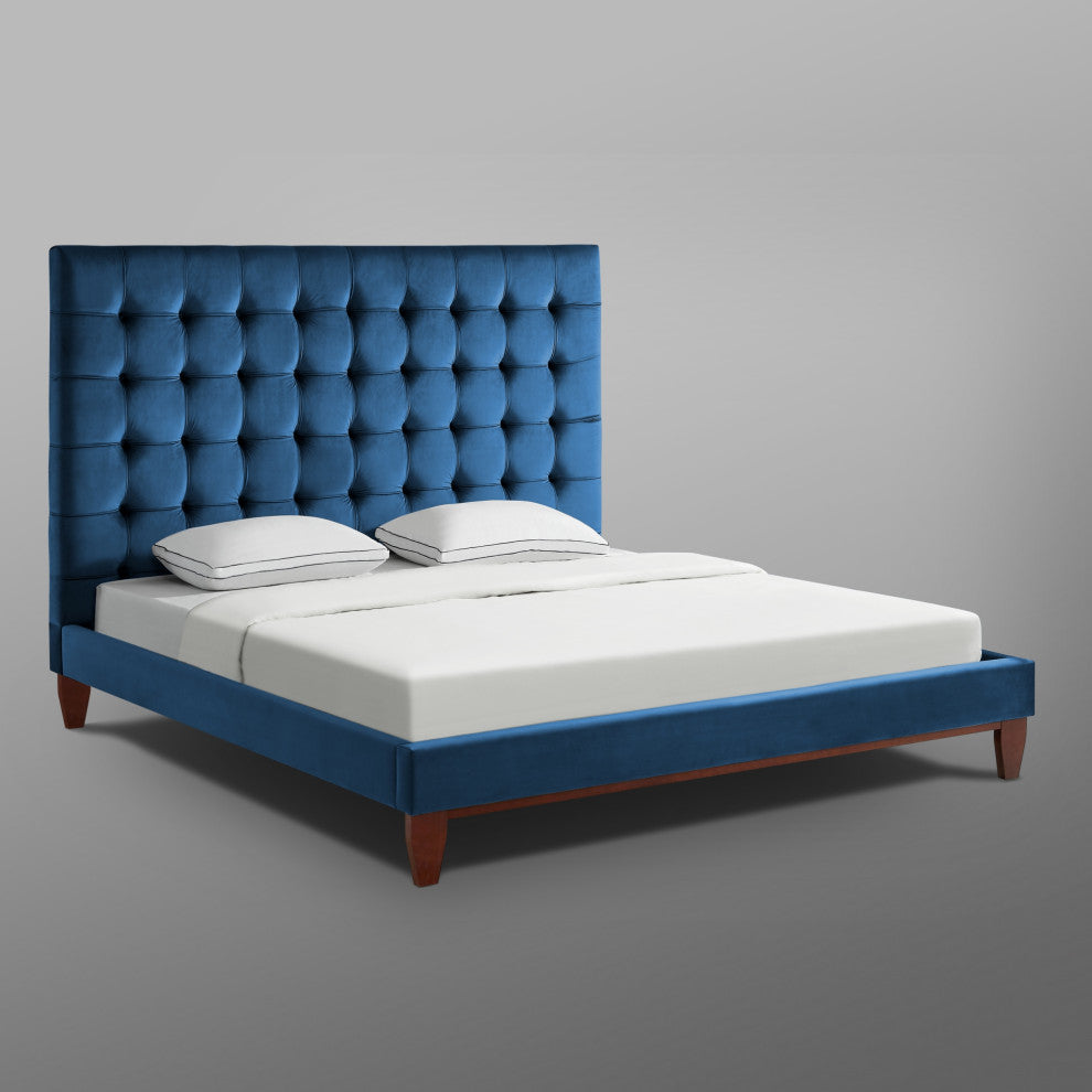 Baldwin Button Tufted Platform Bed, Dark Blue, Queen