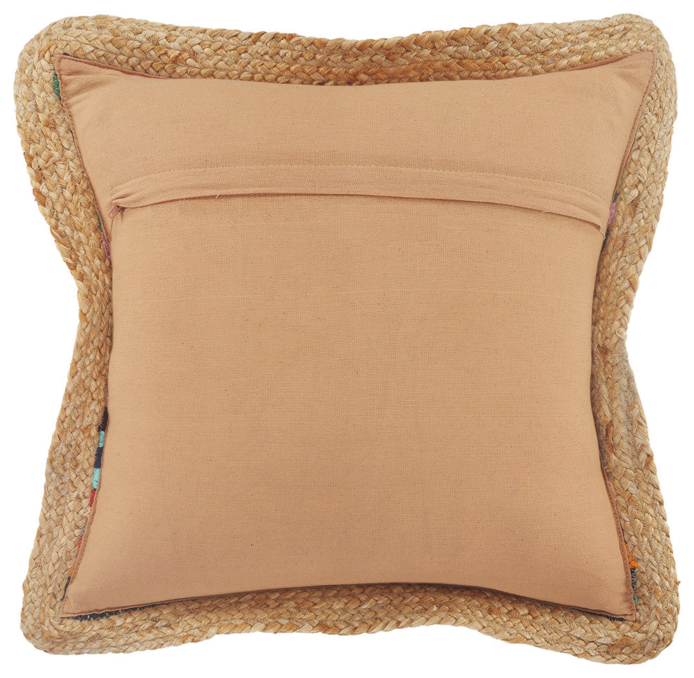 Bold Multicolored Chindi Jute Bordered Throw Pillow