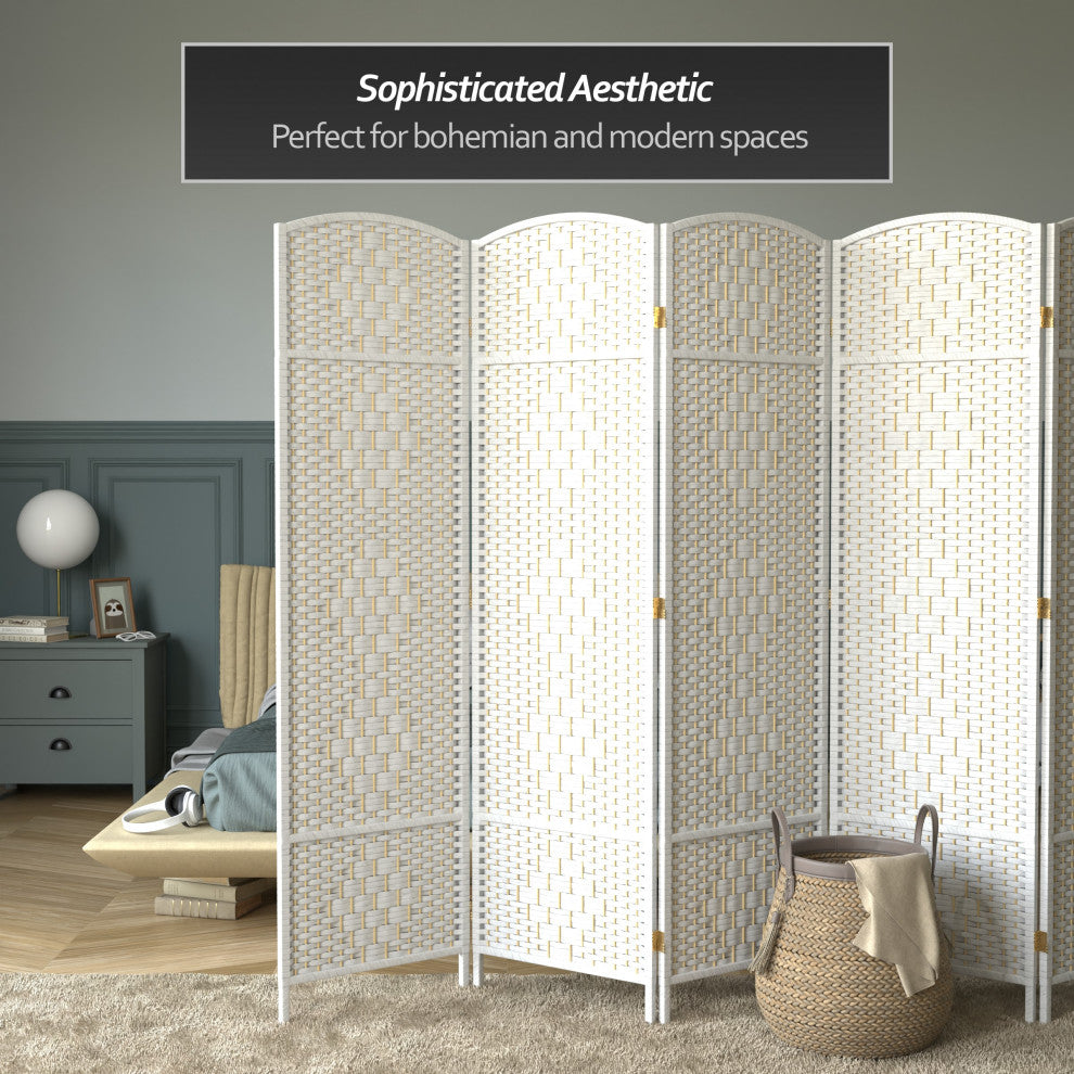 6' Tall Diamond Weave Fiber Room Divider, White, 6 Panel