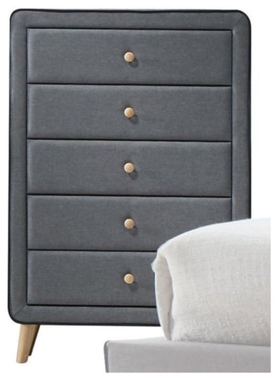 Benzara BM185689 Wood and Fabric Upholstery Chest with 5 Drawers, Gray