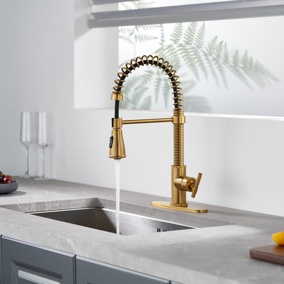 Single Handle Kitchen Faucet Pull-Down Sprayer, 360 Swivel, Three Functions, Brushed Gold