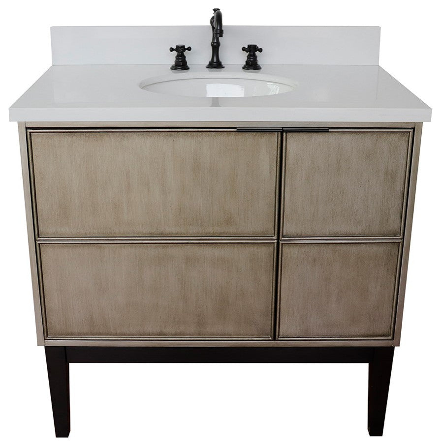 37" Single Vanity, Linen Brown Finish With Engineered Stone Top And Oval Sink