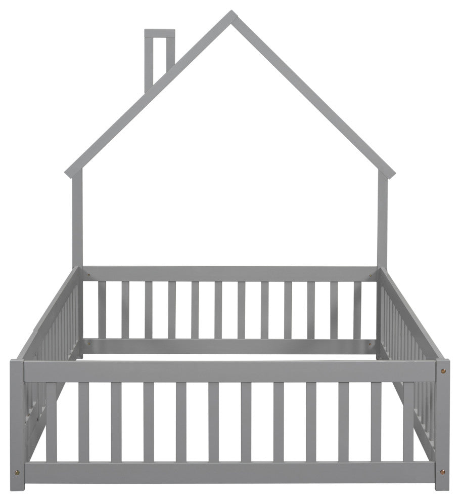 Gewnee Full House-Shaped Headboard Floor Bed with Fence