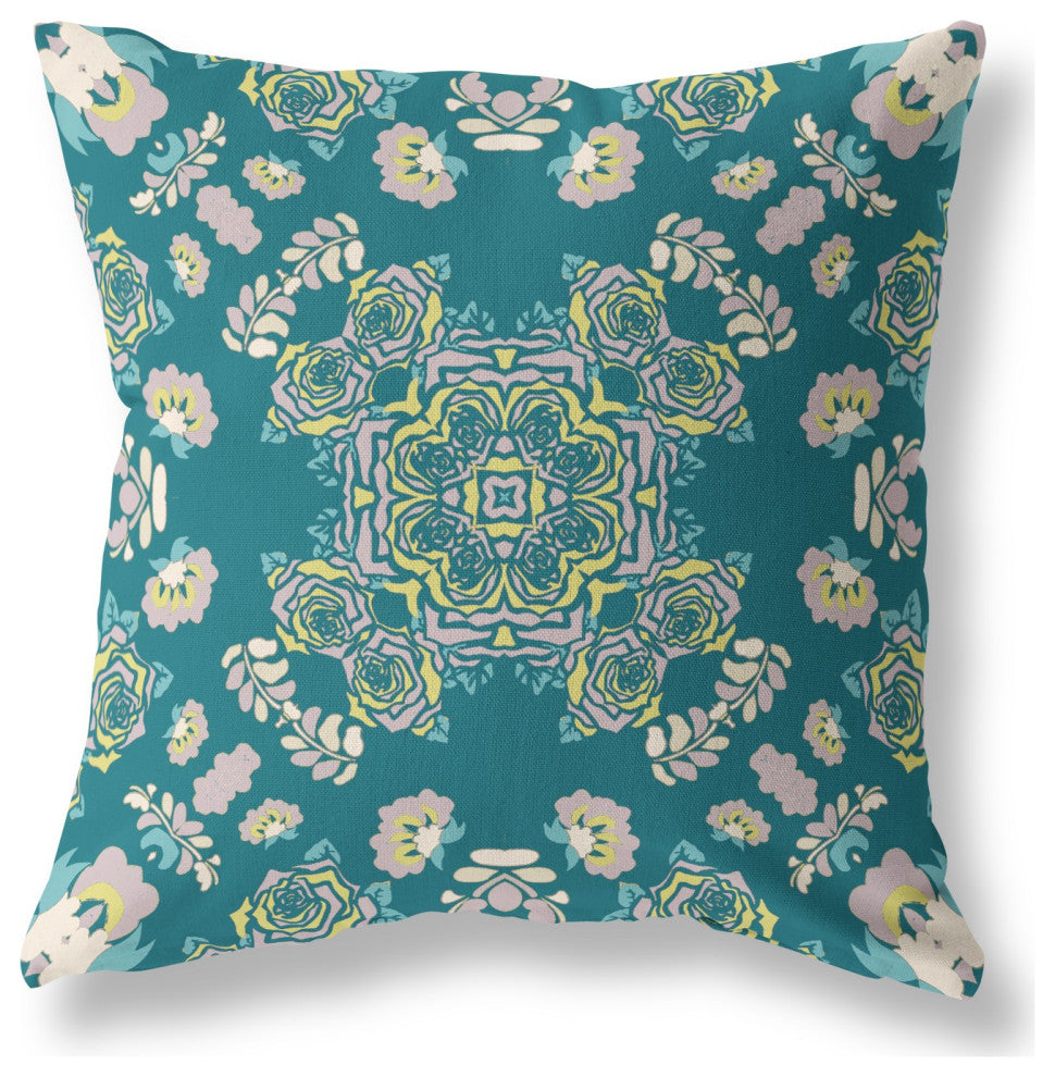 18" Teal Yellow Wreath Indoor Outdoor Zippered Throw Pillow